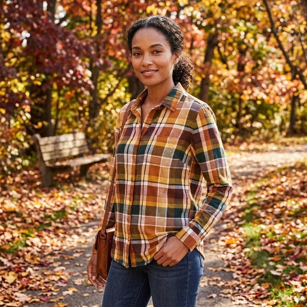 Garnet Hill Women 10 Flannel Shirt Organic Cotton Plaid Button Down Orange Brown